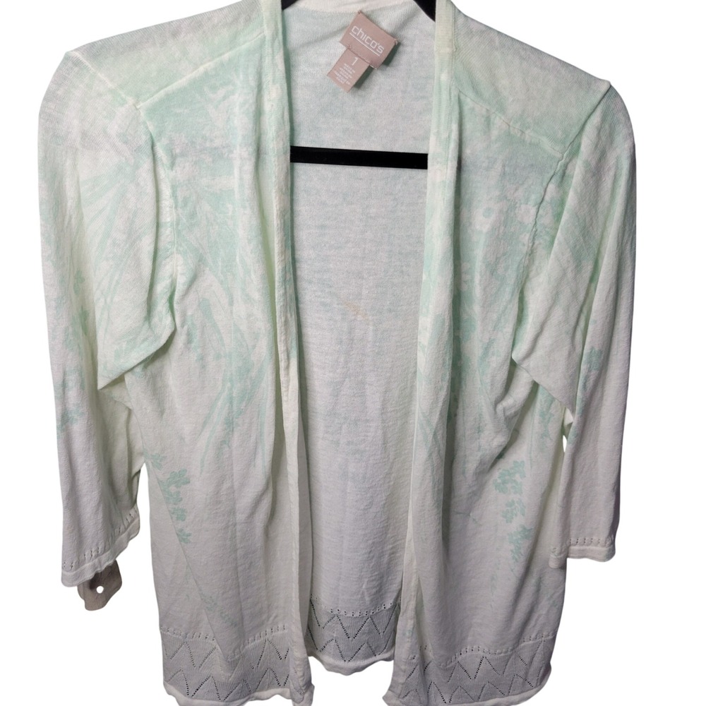 Chicos Linen Cotton Open Front Cardigan Mint Green White Print Pointelle Size 1